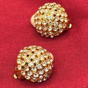VTG AFJ Gold-Tone Pave Crystal Domed Clip Earrings